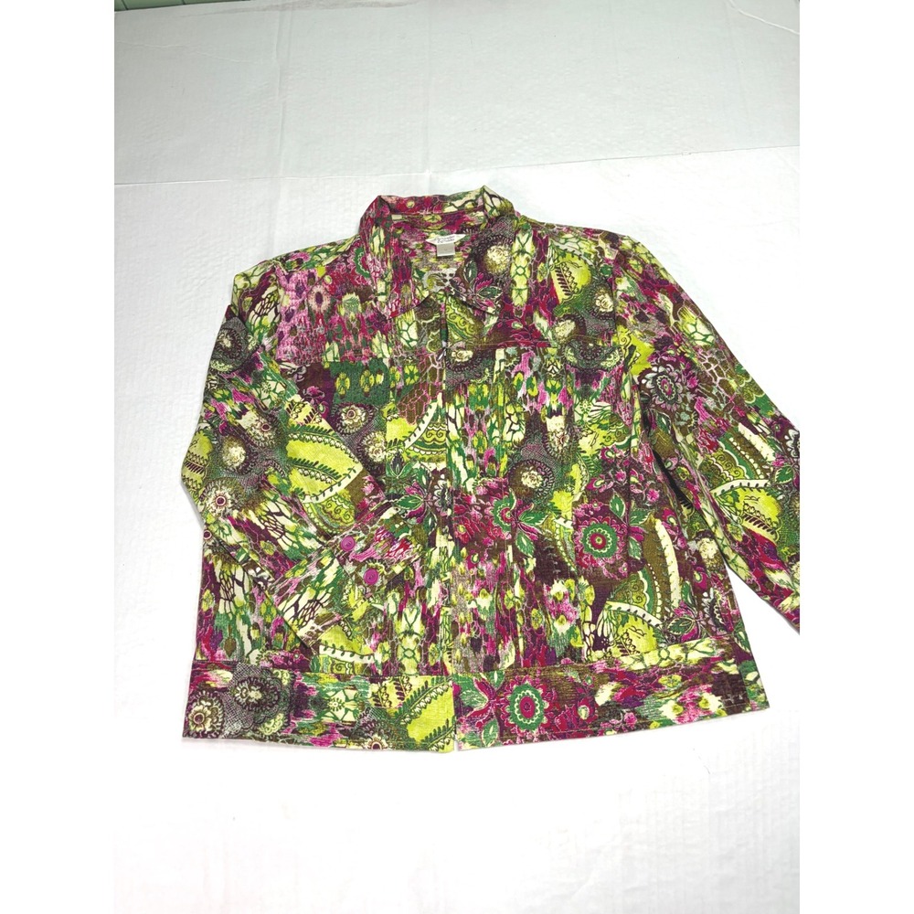 Christopher & Banks Womens Medium Green Pink Paisley Floral Zip Front Jacket